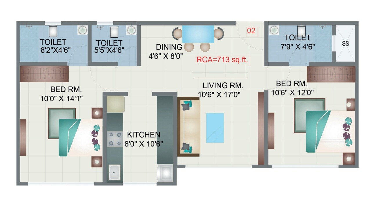 Floor plan of 2 BHK 713 Sq. Ft. Apartment in Manglam Rajanigandha, Mumbai
