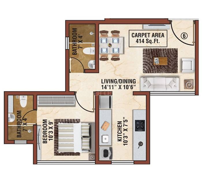 1 BHK 414 Sq. Ft. Apartment