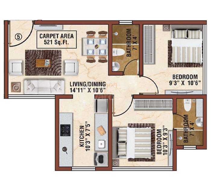 Floor plan of 2 BHK 527 Sq. Ft. Apartment in Manisha Chandraprabha, Mumbai