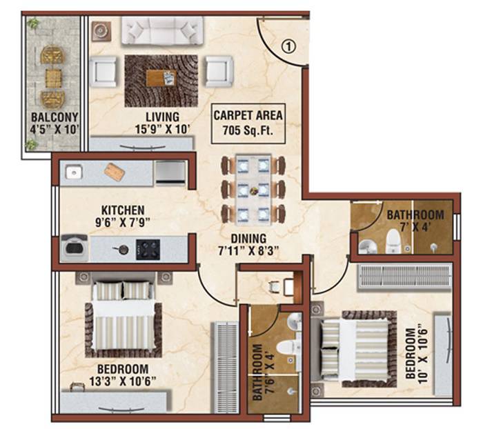 Floor plan of 2 BHK 725 Sq. Ft. Apartment in Manisha Chandraprabha, Mumbai