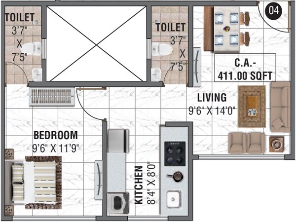 Floor plan of 1 BHK 411 Sq. Ft. Apartment in Manisha Dhanraj Tower, Mumbai