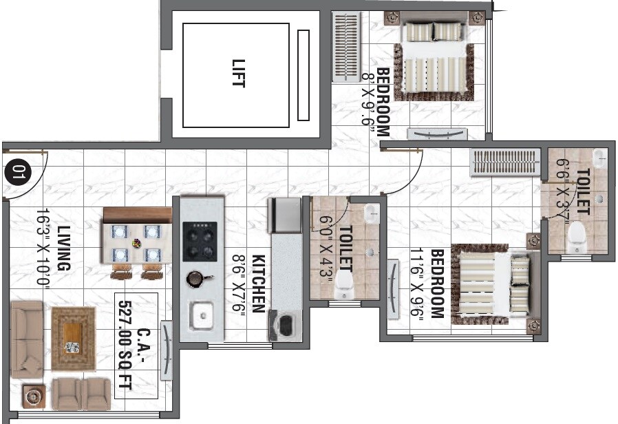 Floor plan of 2 BHK 527 Sq. Ft. Apartment in Manisha Dhanraj Tower, Mumbai