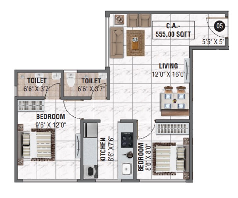 Floor plan of 2 BHK 555 Sq. Ft. Apartment in Manisha Dhanraj Tower, Mumbai