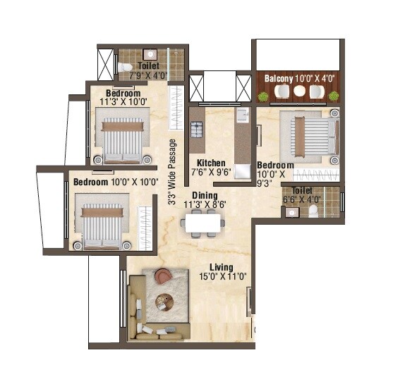 Floor plan of 3 BHK 734 Sq. Ft. Apartment in Manisha Kavita, Mumbai