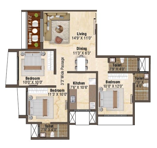 Floor plan of 3 BHK 867 Sq. Ft. Apartment in Manisha Kavita, Mumbai