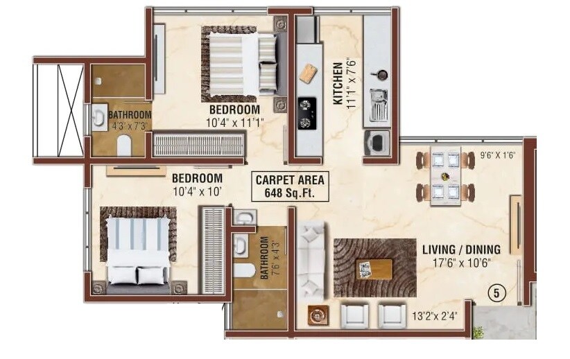 Floor plan of 2 BHK 648 Sq. Ft. Apartment in Manisha Prime, Mumbai