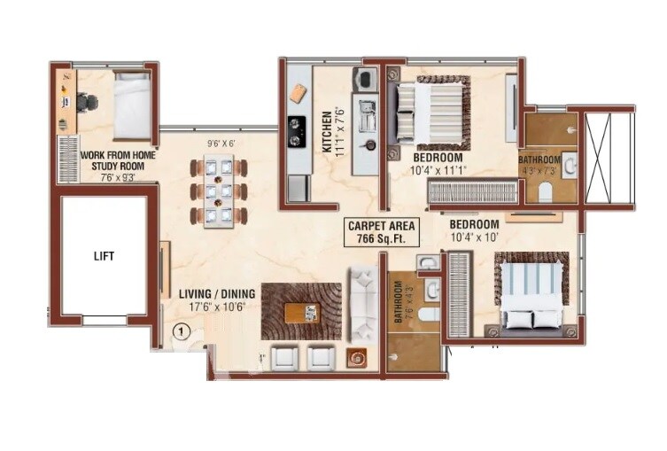 Floor plan of 3 BHK 766 Sq. Ft. Apartment in Manisha Prime, Mumbai