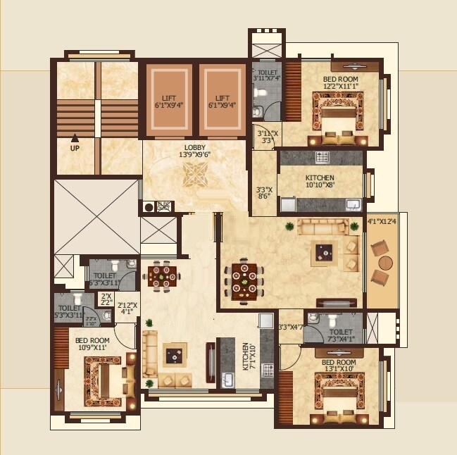 Floor plan of 3 BHK 1454 Sq. Ft. Apartment in Manthan Embassy, Mumbai