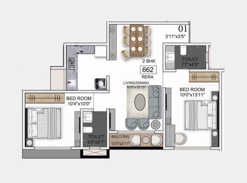 Floor plan of 2 BHK 662 Sq. Ft. Apartment in Mantri Prerana, Mumbai