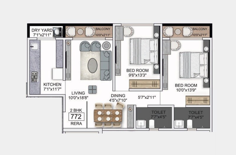 Floor plan of 2 BHK 772 Sq. Ft. Apartment in Mantri Prerana, Mumbai