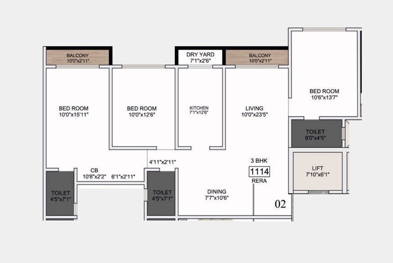 Floor plan of 3 BHK 1025 Sq. Ft. Apartment in Mantri Prerana, Mumbai