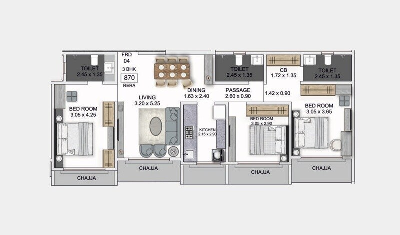 Floor plan of 3 BHK 1005 Sq. Ft. Apartment in Mantri Prerana, Mumbai