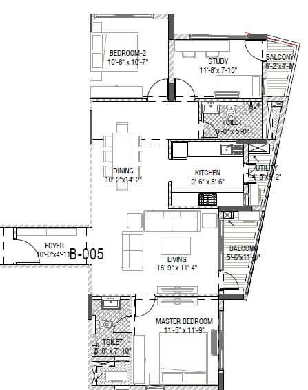 Floor plan of 3 BHK 1510 Sq. Ft. Apartment in Mantri Serene, Mumbai