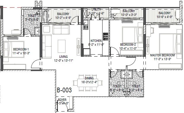 Floor plan of 3 BHK 1735 Sq. Ft. Apartment in Mantri Serene, Mumbai