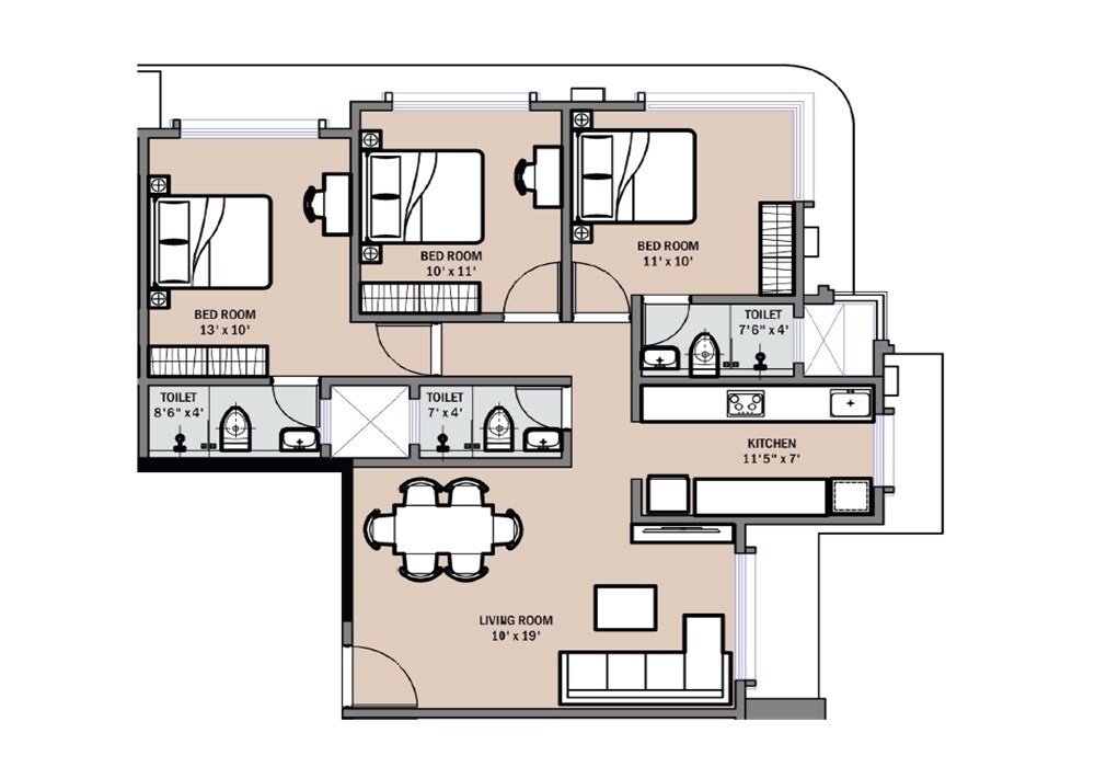 Floor plan of 3 BHK 862 Sq. Ft. Apartment in Marathi Asmita, Mumbai