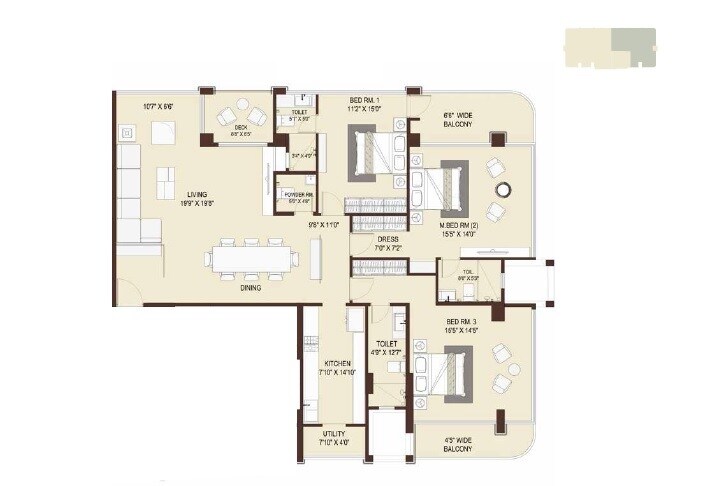 Floor plan of 3 BHK 1380 Sq. Ft. Apartment in Marathon Emblem, Mumbai