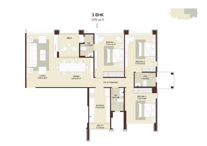 Floor plan of 3 BHK 1219 Sq. Ft. Apartment in Marathon Emblem, Mumbai