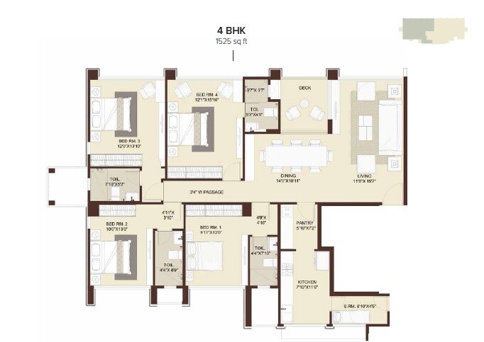 Floor plan of 4 BHK 1525 Sq. Ft. Apartment in Marathon Emblem, Mumbai