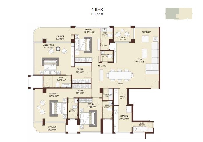 Floor plan of 4 BHK 1961 Sq. Ft. Apartment in Marathon Emblem, Mumbai