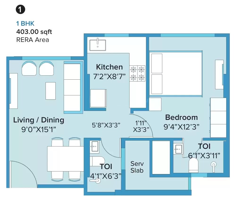 Floor plan of 1 BHK 403 Sq. Ft. Apartment in Marathon Embrace, Mumbai