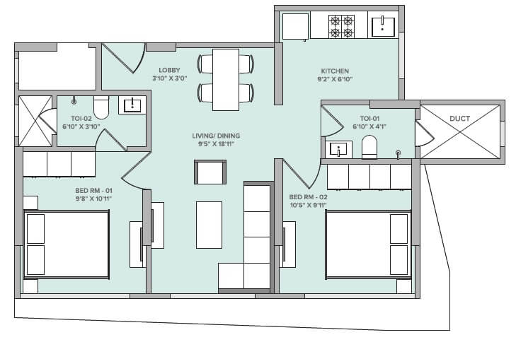 Floor plan of 2 BHK 569 Sq. Ft. Apartment in Marathon Eminence, Mumbai