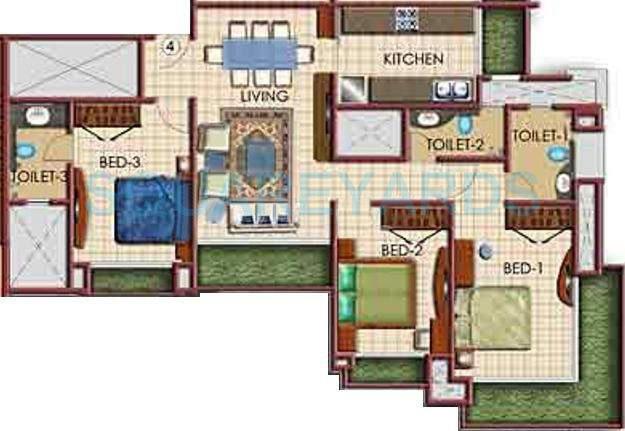 Floor plan of 3 BHK 1444 Sq. Ft. Apartment in Marathon Onyx, Mumbai