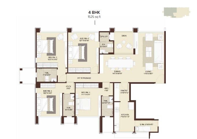 Floor plan of 4 BHK 1525 Sq. Ft. Apartment in Marathon Mblem, Mumbai