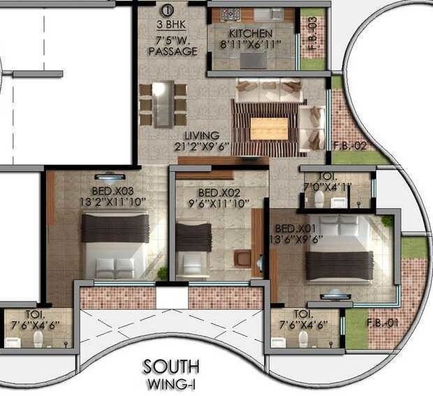 Floor plan of 3 BHK 1395 Sq. Ft. Apartment in Marathon Monte Vista, Mumbai