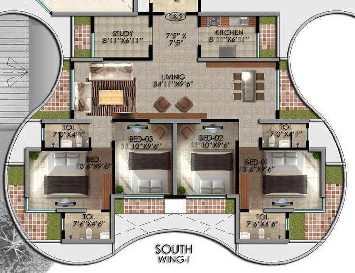 Floor plan of 4 BHK 1995 Sq. Ft. Apartment in Marathon Monte Vista, Mumbai