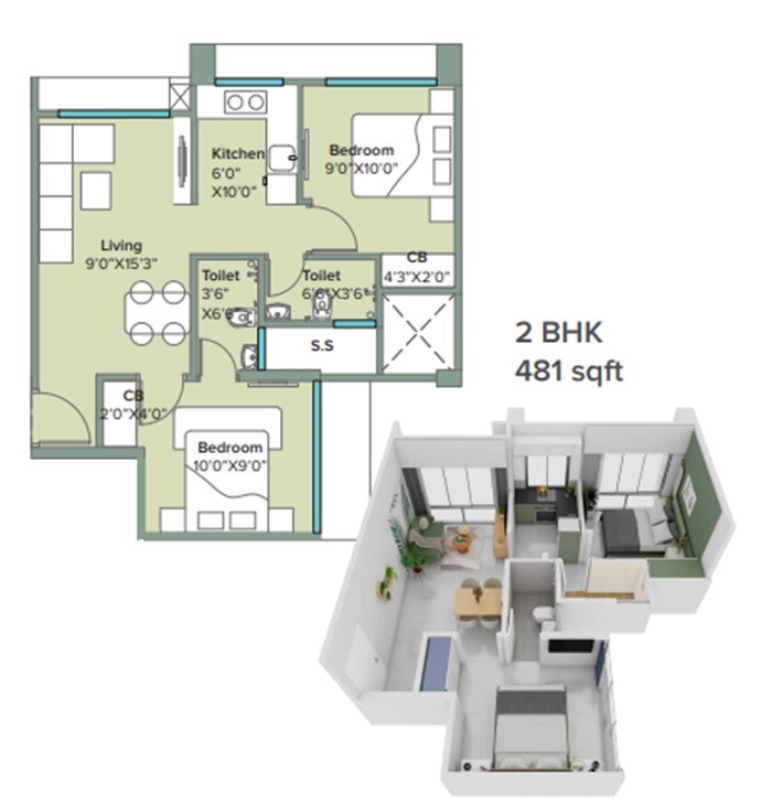 Floor plan of 2 BHK 481 Sq. Ft. Apartment in Marathon Neo Valley, Mumbai