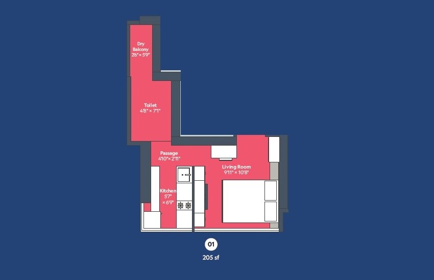 Floor plan of 205 Sq. Ft. Studio in Marathon Sunset Gardens, Mumbai