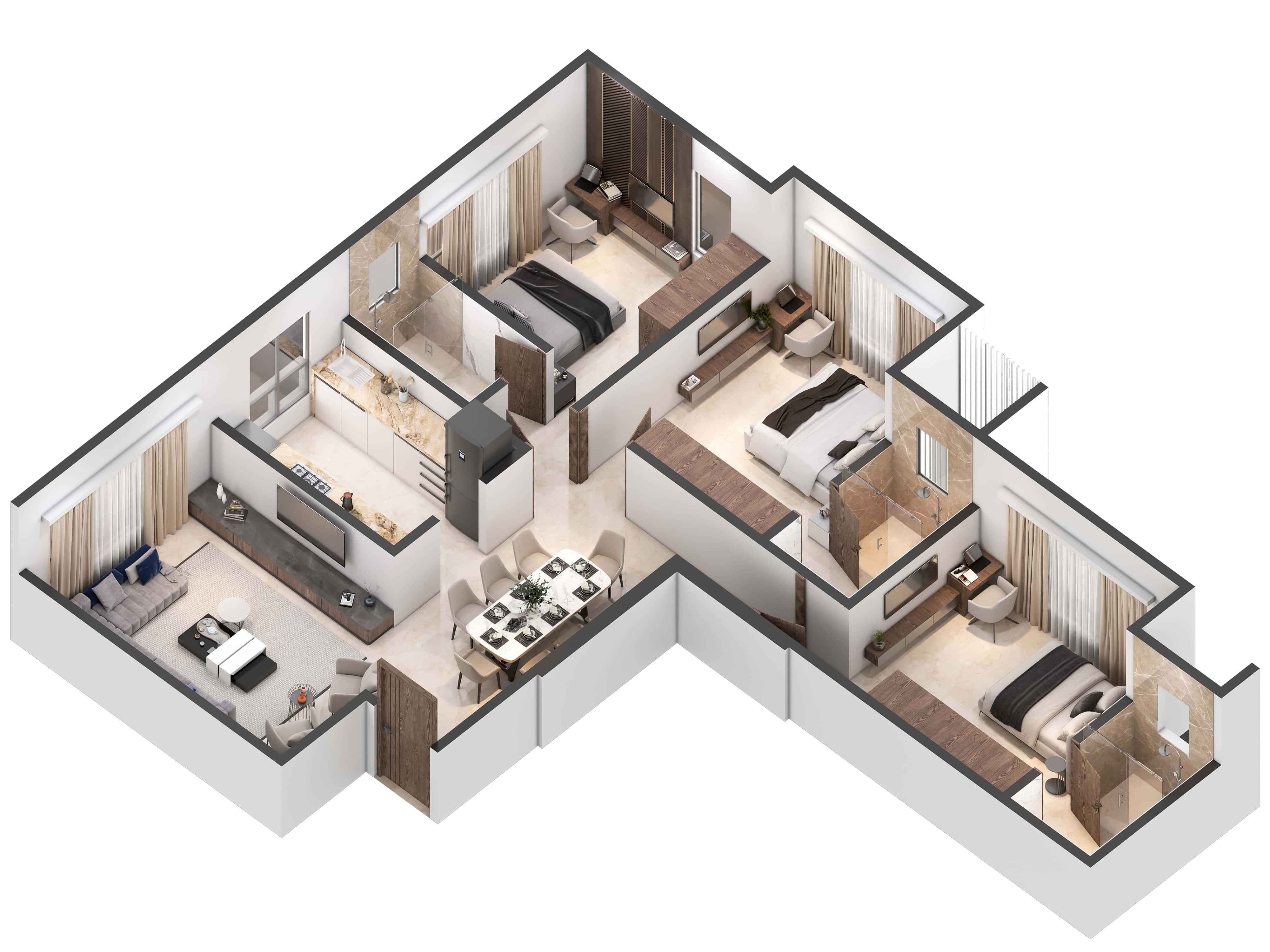 Floor plan of 3 BHK 1076 Sq. Ft. Apartment in Marble Saroj 56, Mumbai