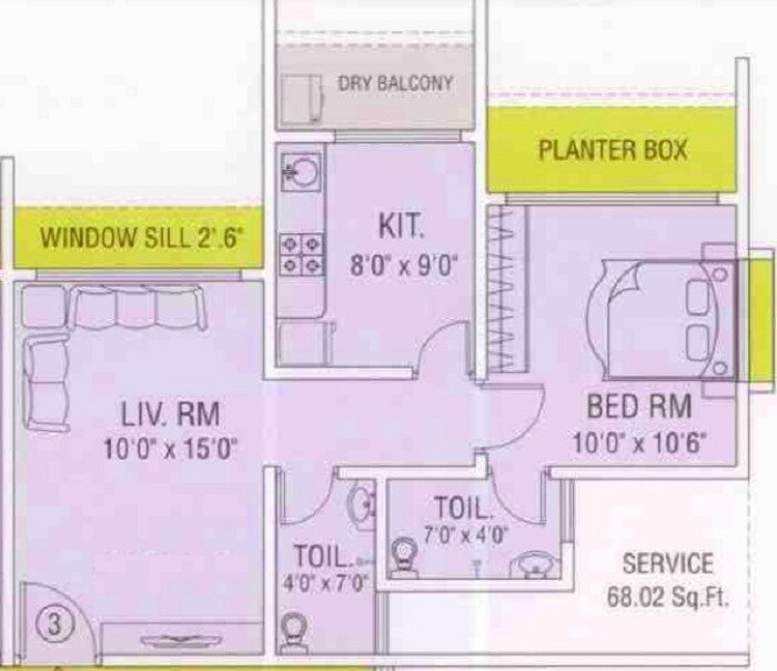 Floor plan of 1 BHK 419 Sq. Ft. Apartment in Maredian Heights, Mumbai