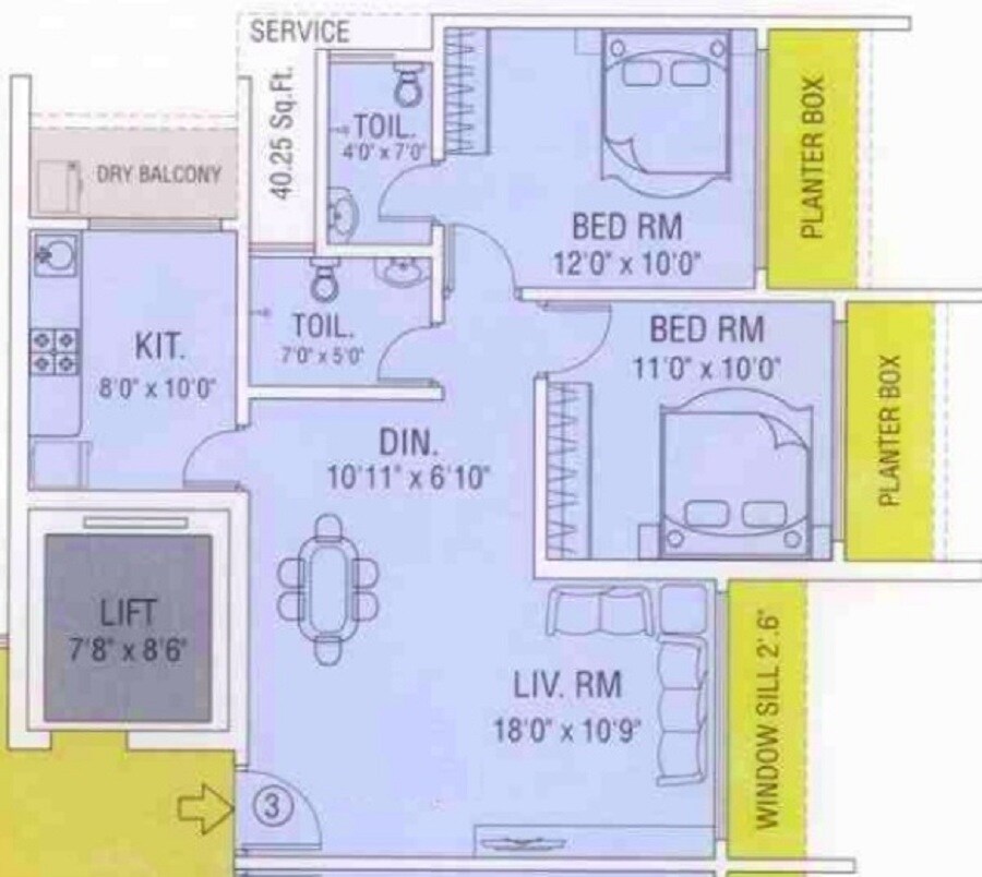 Floor plan of 2 BHK 665 Sq. Ft. Apartment in Maredian Heights, Mumbai