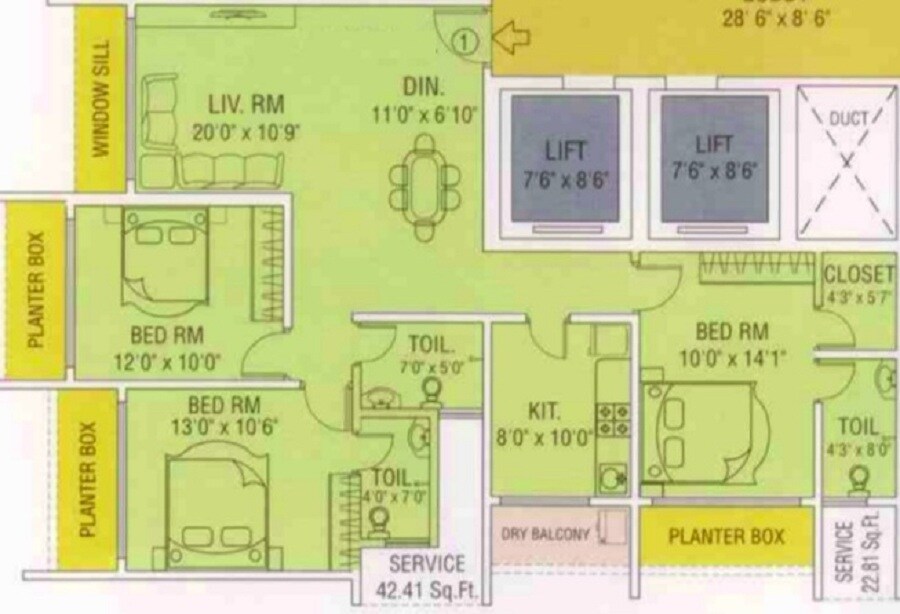 Floor plan of 3 BHK 942 Sq. Ft. Apartment in Maredian Heights, Mumbai