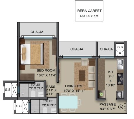 Floor plan of 1 BHK 461 Sq. Ft. Apartment in Marigold Aangan, Mumbai