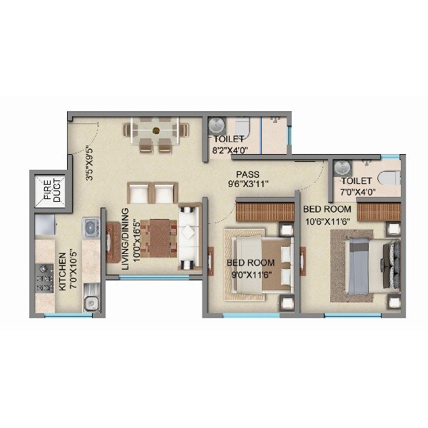 Floor plan of 2 BHK 638 Sq. Ft. Apartment in Marigold Miraaya, Mumbai