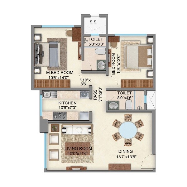 Floor plan of 2 BHK 784 Sq. Ft. Apartment in Marigold Miraaya, Mumbai