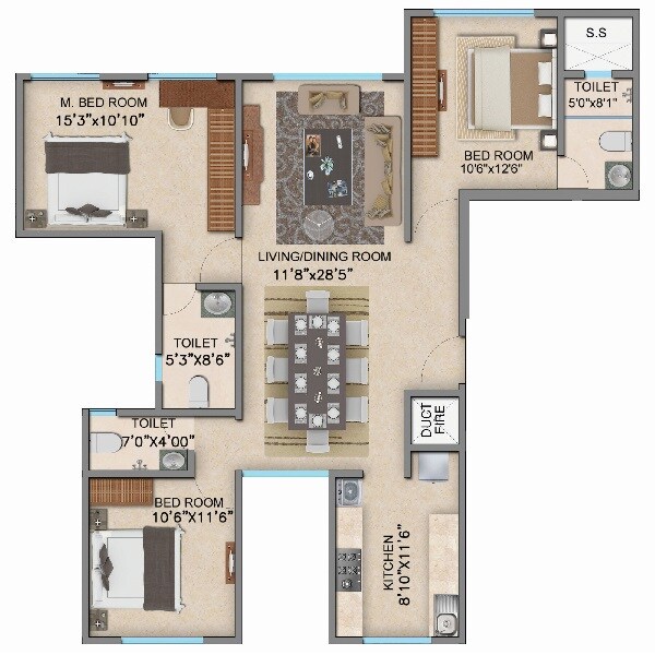 Floor plan of 3 BHK 1091 Sq. Ft. Apartment in Marigold Miraaya, Mumbai