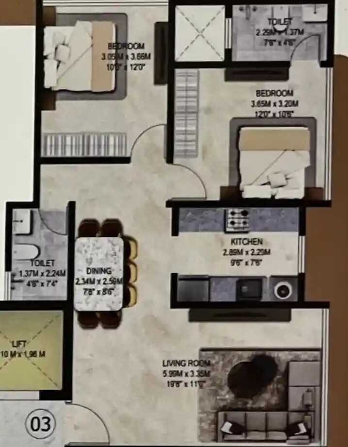 2 BHK 685 Sq. Ft. Apartment