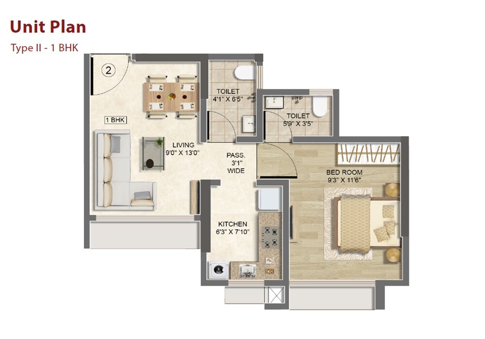 Floor plan of 1 BHK 363 Sq. Ft. Apartment in Marshal Srishti, Mumbai