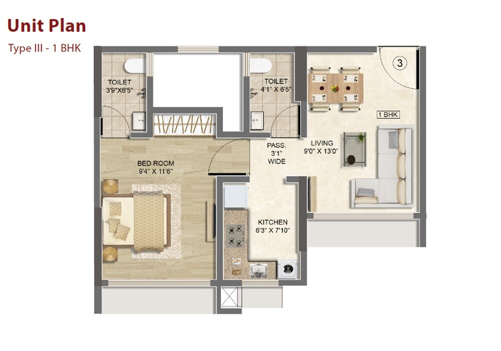 Floor plan of 1 BHK 428 Sq. Ft. Apartment in Marshal Srishti, Mumbai