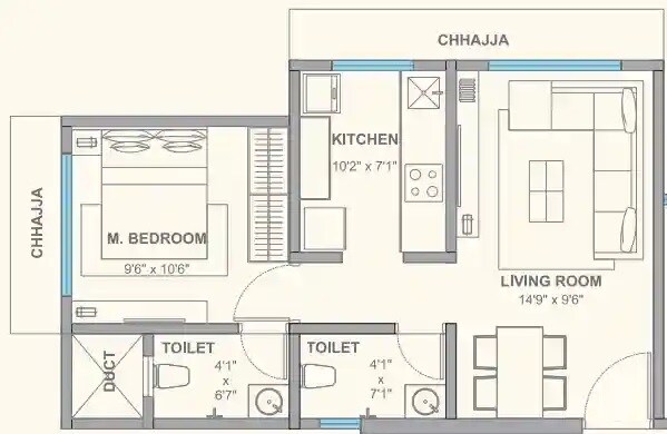 Floor plan of 1 BHK 386 Sq. Ft. Apartment in Masakin Audumbar Apartments, Mumbai