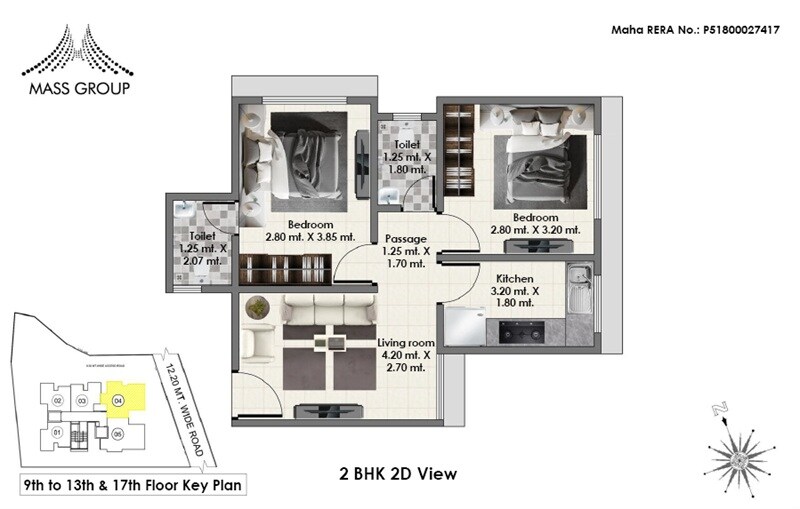 Floor plan of 2 BHK 511 Sq. Ft. Apartment in Mass Ionics, Mumbai