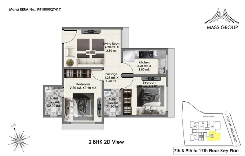 Floor plan of 2 BHK 523 Sq. Ft. Apartment in Mass Ionics, Mumbai