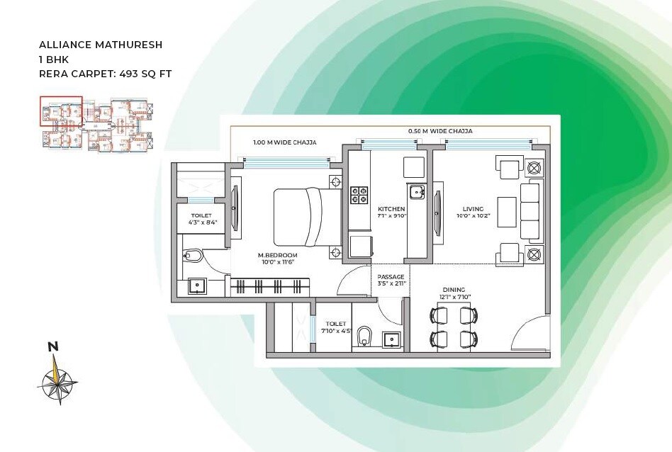 Floor plan of 1 BHK 493 Sq. Ft. Apartment in Mathuresh Apartment, Mumbai