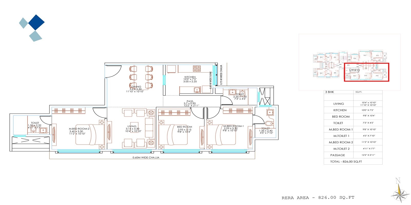 Floor plan of 3 BHK 826 Sq. Ft. Apartment in Mathuresh Apartment, Mumbai