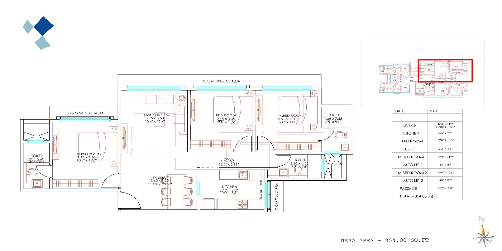 Floor plan of 3 BHK 854 Sq. Ft. Apartment in Mathuresh Apartment, Mumbai