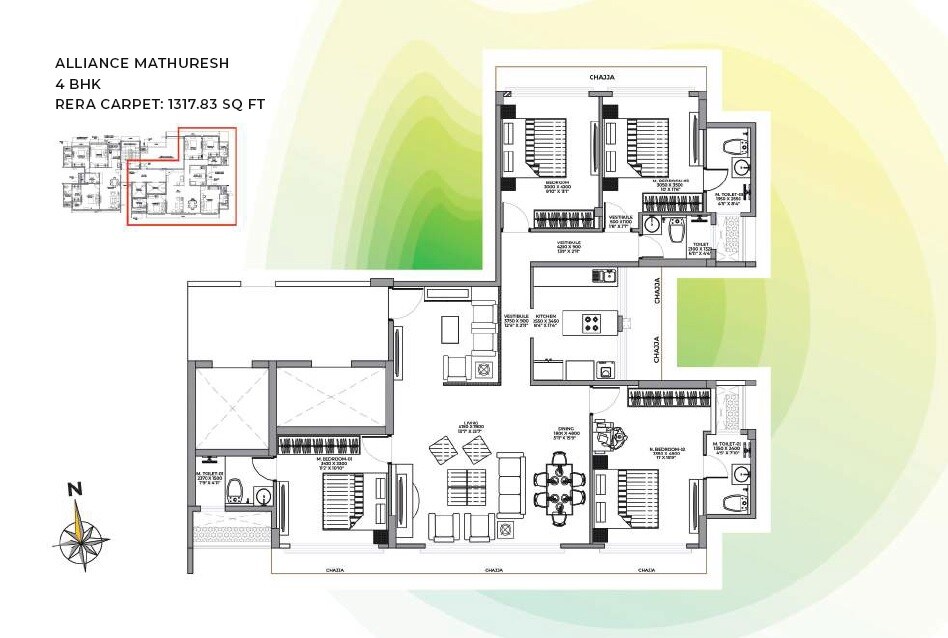Floor plan of 4 BHK 1317 Sq. Ft. Apartment in Mathuresh Apartment, Mumbai