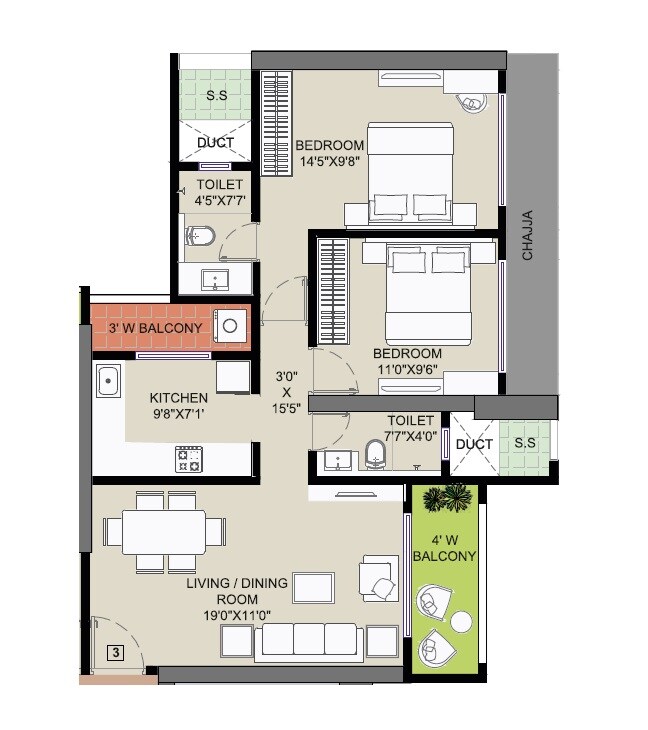 2 BHK 756 Sq. Ft. Apartment